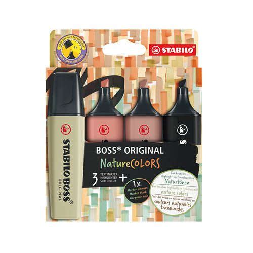 Sz&#246;vegkiemelő klt. 4db-os STABILO BOSS ORIGINAL NatureCOLORS (s&#225;rz&#246;ld, v&#246;r&#246;sbarna, s&#246;t&#233;tbarna, feket