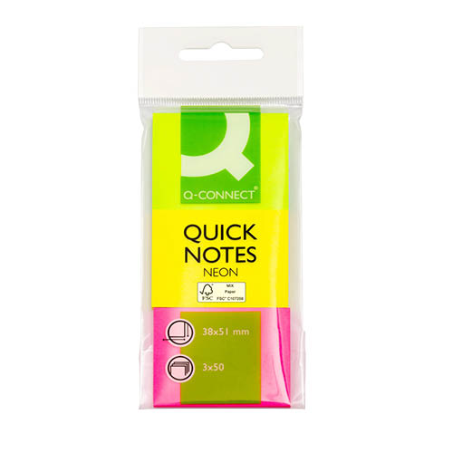 Öntapadós jegyzettömb 38x51mm 3x50lap Q-CONNECT KF01224 Brilliant Rainbow neon